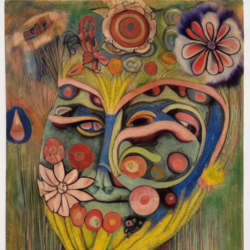 Prompt: painting of a facemask made of flowers, by annie swynnerton and jean delville and edward hopper and evelyn de morgan and rufino tamayo and diego rivera, art deco flower shaman, art brut, outsider art, symbolist, dramatic lighting, god rays, elaborate geometric ornament, clean crisp graphics, smooth sharp focus, extremely detailed, adolf wolfli