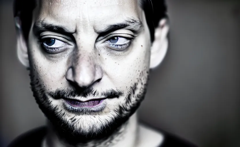 Image similar to photographic portrait of Tobey Maguire, closeup, foggy, sepia, moody, dream-like, sigma 85mm f/1.4, 15mm, 35mm, 4k, high resolution, 4k, 8k, hd, full color