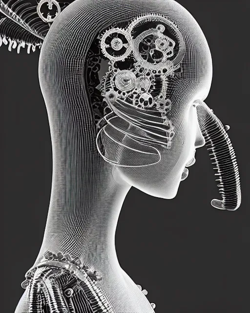 Image similar to mythical dreamy black and white organic translucent bio-mechanical spinal ribbed profile face portrait detail of steampunk mechanical beautiful female angelic-human-queen-realistic-cyborg, highly detailed, intricate crystal jelly ornate, poetic, 3D render, digital art, octane render, 8K artistic photography, photo-realistic, by Dora Maar