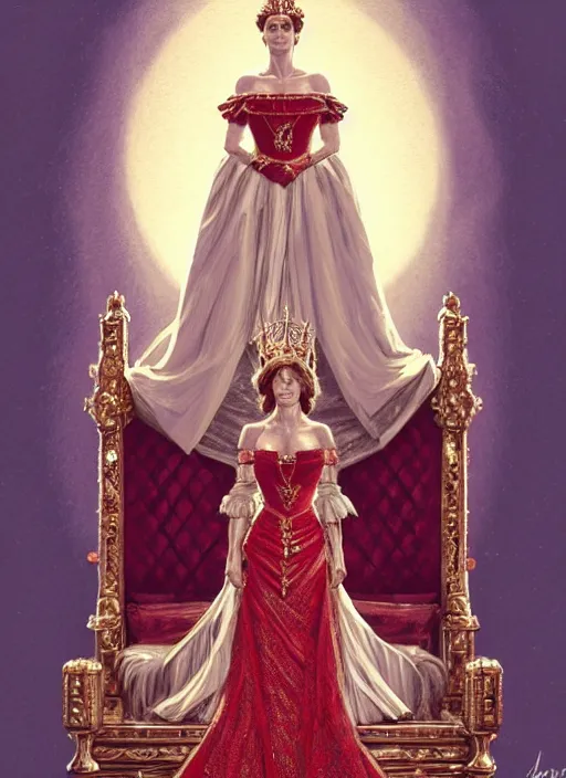 Image similar to portrait of emily blunt as queen on a throne, jewelry, greek, ruby, victorian age, 1 8 9 0, intricate, headshot, key visual, conceptart, ambient lighting, highly detailed, digital painting, artstation, concept art, sharp focus, by makoto shinkai and akihiko yoshida and greg manchess