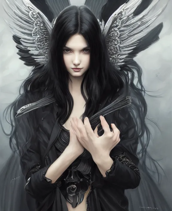 beautiful black haired angel girl, black jacket, black | Stable Diffusion |  OpenArt