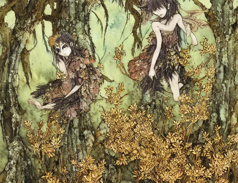 Prompt: fae fox in the lichen woods. this watercolor and gold leaf work by the award - winning mangaka has a beautiful composition and intricate details.