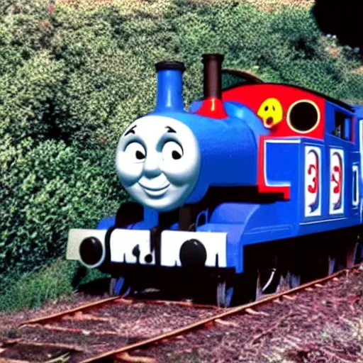 Image similar to cursed Thomas the tank engine, found footage, grainy, creepy, backrooms