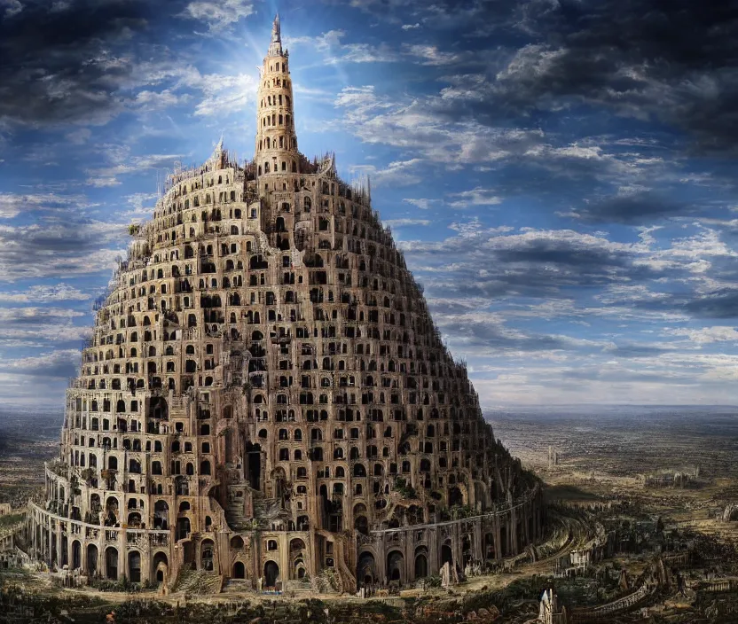 Prompt: a photo of the Babel Tower, cinematic, 8k HDR, highly detailed, high quality, godrays, hyperrealistic