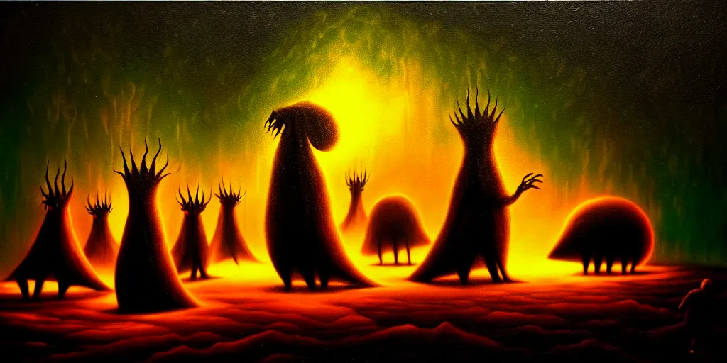 Image similar to creatures lurking in the collective unconscious, dramatic lighting from warm fire glow, in a dark surreal painting by ronny khalil