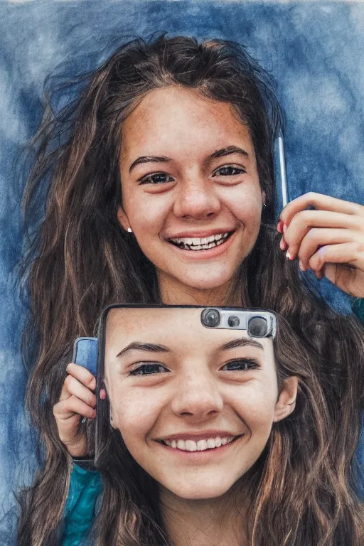 Image similar to a smiling girl taking a zoomed out selfie, hyper realistic photography, highly detailed, sharp focus, good vibes, realistic, highly detailed attribute, award winning, art by portrait realistic illustrators