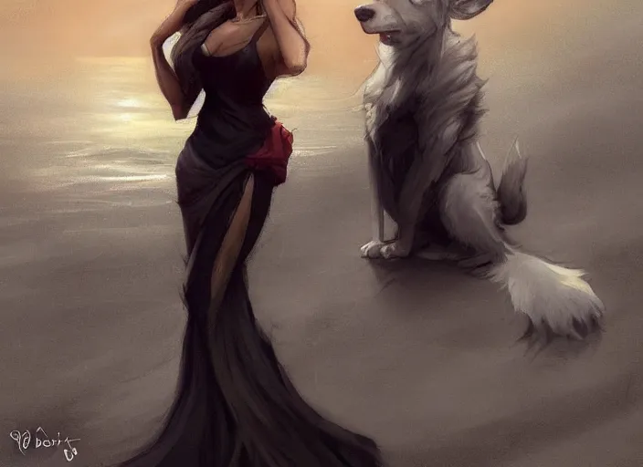 Image similar to wide angle beautiful full body portrait of a strong male anthropomorphic anthro border collie fursona in an evening gown on a pier at night, character design by charlie bowater, henry asencio, and ross tran, disney, detailed, sharp focus, matte, aesthetic, trending on artstation, furaffinity, deviantart