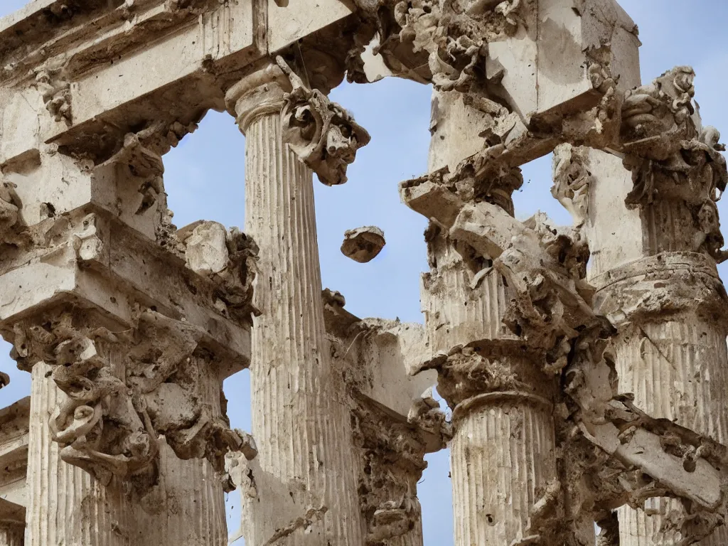 Prompt: pieces of greek sculptures and archidecture suspended in air, ancient greek ruins and pillars suspended in air, falling from sky, with debris and destruction falling from sky, mid air, debris flying around, swirls of fire