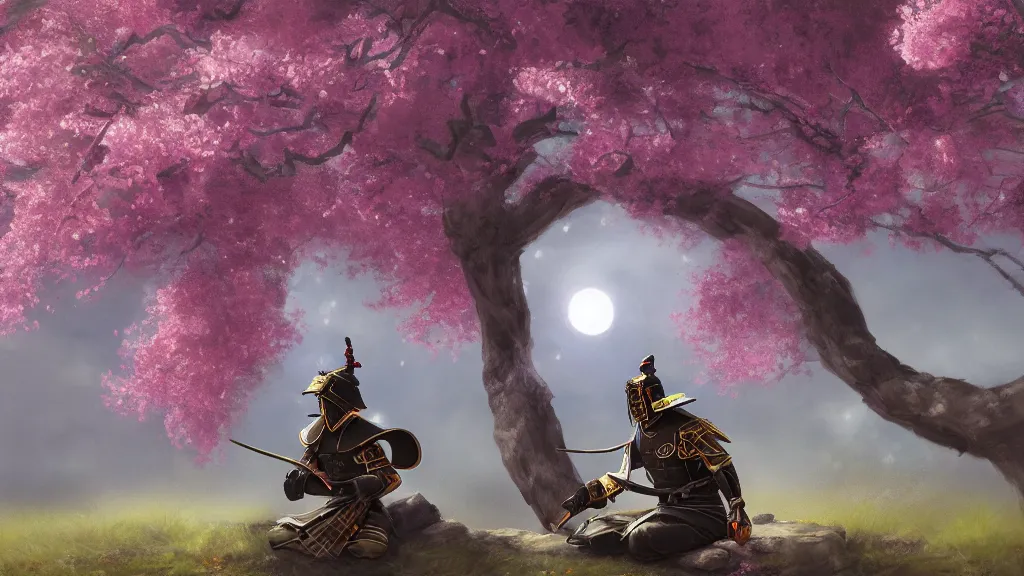 Image similar to beautiful painting of an armoured samurai meditating under a blossom tree, realistic, digital painting, concept art, matte painting, cinematic night lighting, 8 k, highly detailed, detailed terrain, trending artstation