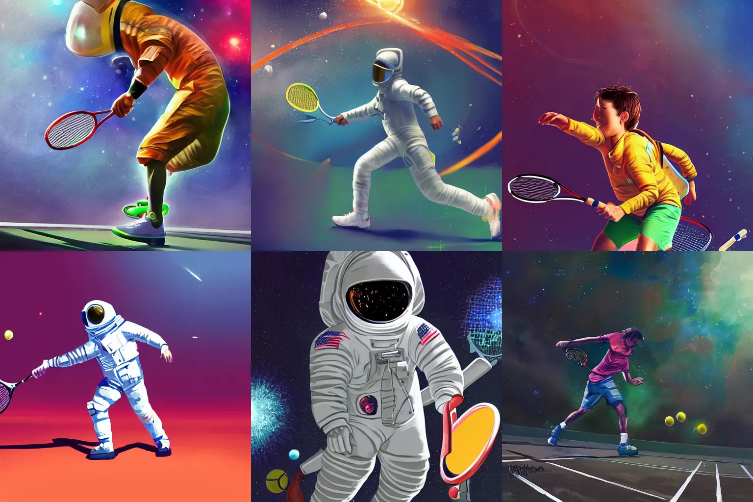 Image similar to digital painting of an astronaut playing tennis, trending on Artstation, action shot, beautiful, vivid colors, hyperdetailed