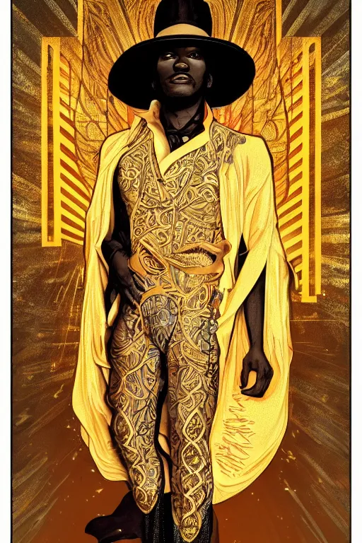Prompt: a dramatic ethereal epic symmetrical painting of a handsome! black cowboy in a golden outfit | tarot card, art deco, art nouveau, (steampunk), homoerotic, realistic | by Dresden Codak, by Mark Maggiori and ((((Alphonse Mucha))) | trending on artstation