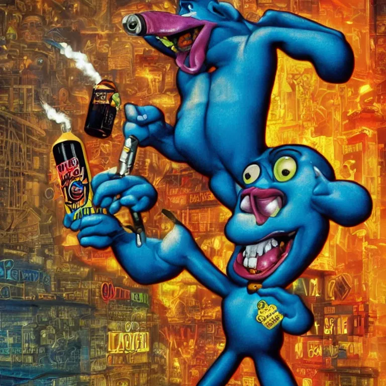 Image similar to 1 9 9 0's wild advertisement octane render portrait by wayne barlow and carlo crivelli and glenn fabry and pixar, a crazed humanoid cartoon leapord smoking a cigarette while holding up a colorful neon blue energy drink while standing on a playground, cinema 4 d, ray traced lighting, very short depth of field, bokeh