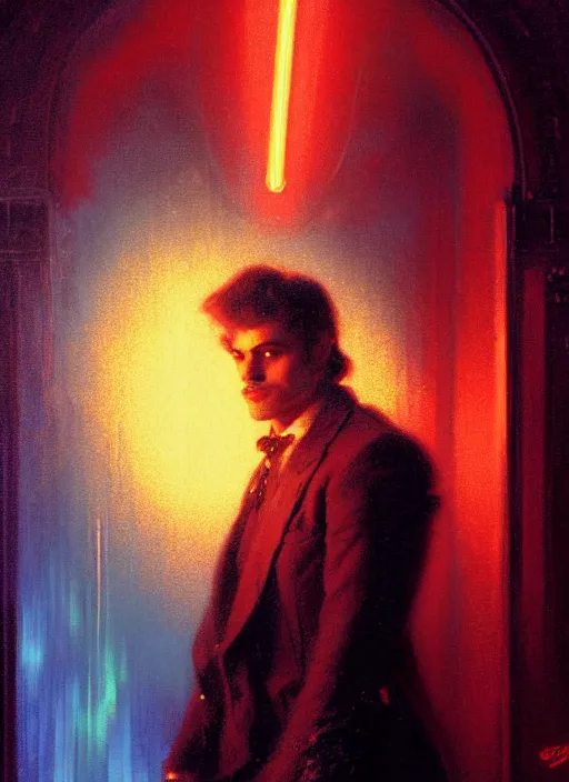 Prompt: portrait of eddie munson joseph quinn. 8 0's neon retro. lights, glow, magical. dark background. illustration by gaston bussiere, gerome, craig mullins, greg rutkowski, john singer sargent.