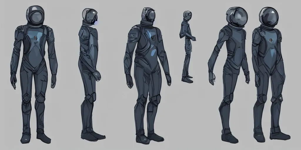 Prompt: male, space suit, character sheet, concept art, stylized, large shoulders, large torso, long thin legs, exaggerated proportions, concept design