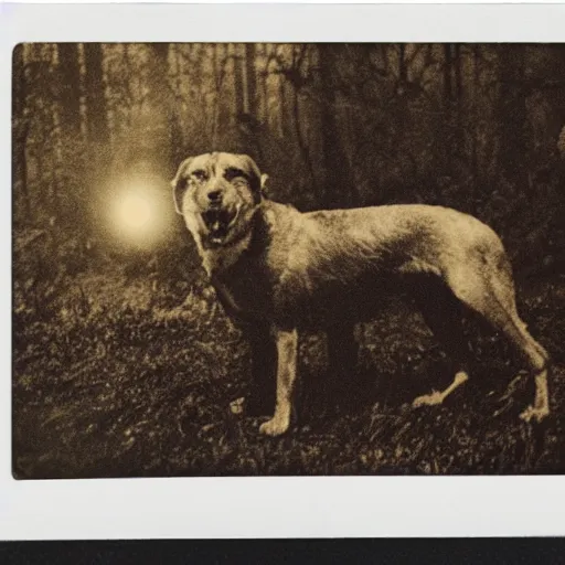 Image similar to old polaroid depicting a proud hellhound on fire, at a clearing, at night