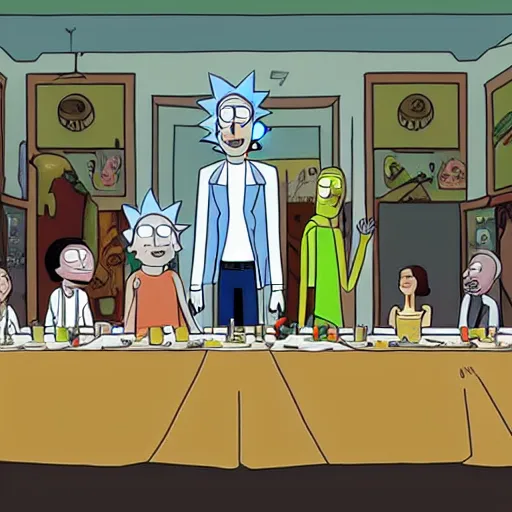 Image similar to rick and morty tv show characters in the last supper