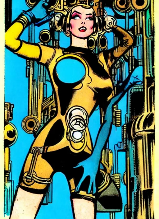 Prompt: image of beautyful female android steampunk by jack kirby,