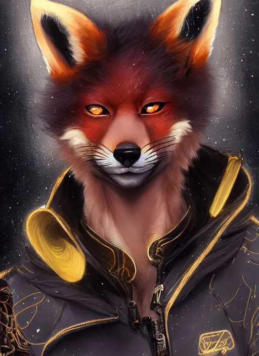 Image similar to award winning beautiful portrait commission of a male furry anthro melanated fox fursona with a tail and a cute beautiful attractive detailed furry face wearing stylish black and gold cyberpunk clothes in a cyberpunk city at night while it rains. Character design by charlie bowater, ross tran, artgerm, and makoto shinkai, detailed, inked, western comic book art