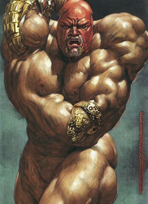 Prompt: head and torso portrait of huge muscular eddie hall as juggernaut, by lawrence alma tadema and rick berry and norman rockwell and greg staples and jack kirby