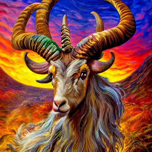 Image similar to detailed acrylic on canvas fantasy painting by josephine wall, horned ram goddess checking her cell phone, erupting volcano and sunset in distance, flowers in foreground, trending on artstation, by senior concept artist, intricately detailed, high resolution, hdr, 8 k