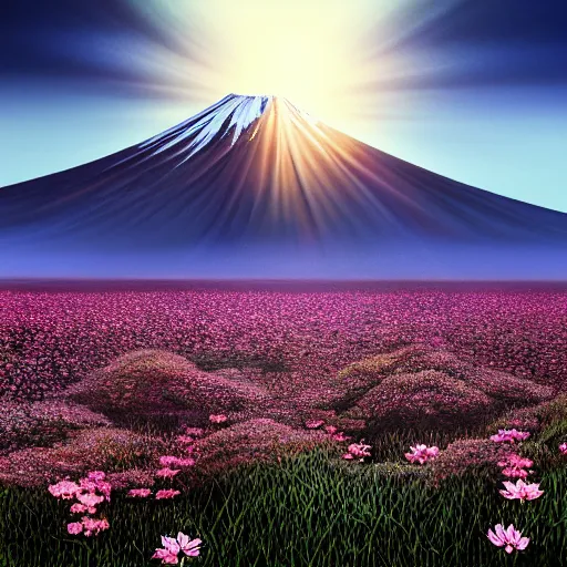 Prompt: a beautiful and detailed picture of mount fuji surrounded by a field of black lotus flowers with petals in a fibonacci sequence, in the style of magic the gathering, highly detailed, digital painting, god rays, volumetric lighting, octane render, 4 k resolution, art by adam paquette and johann bodin and jason rainville