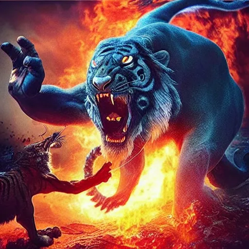 Prompt: “an 8k uhd photorealistic picture of Bahubali fighting a demon tiger at the gates of hell”