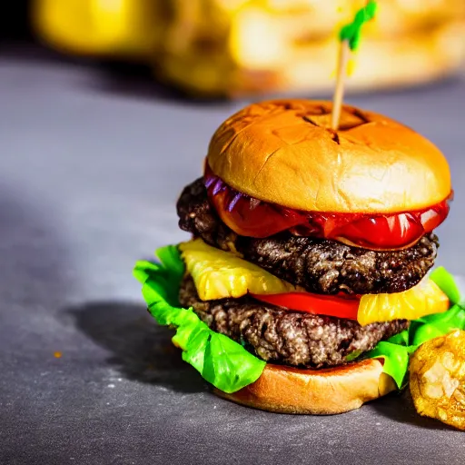 Prompt: juicy hamburger with crispy buns with pineapple topping, 8 k resolution, food photography, studio lighting, sharp focus, hyper - detailed