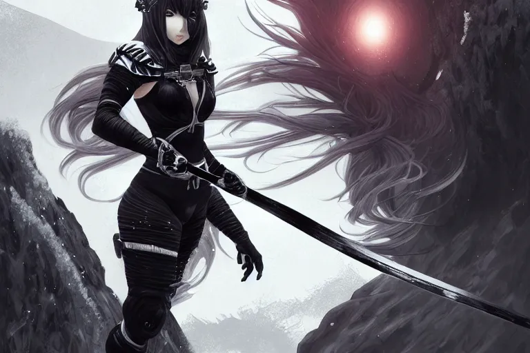 Image similar to portrait ninja gaiden girl, black plus white ninja wardrobe, at snowy fuji mountain sunrise, ssci - fi and fantasy, intricate and very very beautiful, detailed, digital painting, artstation, concept art, smooth and sharp focus, illustration, art by tian zi and wlop and alphonse mucha