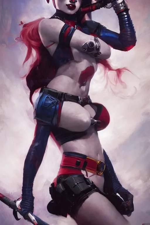 Image similar to Harley Quinn, dc comics, Warhammer 40000, digital art from artstation by Ruan Jia and Mandy Jurgens and Artgerm and william-adolphe bouguereau