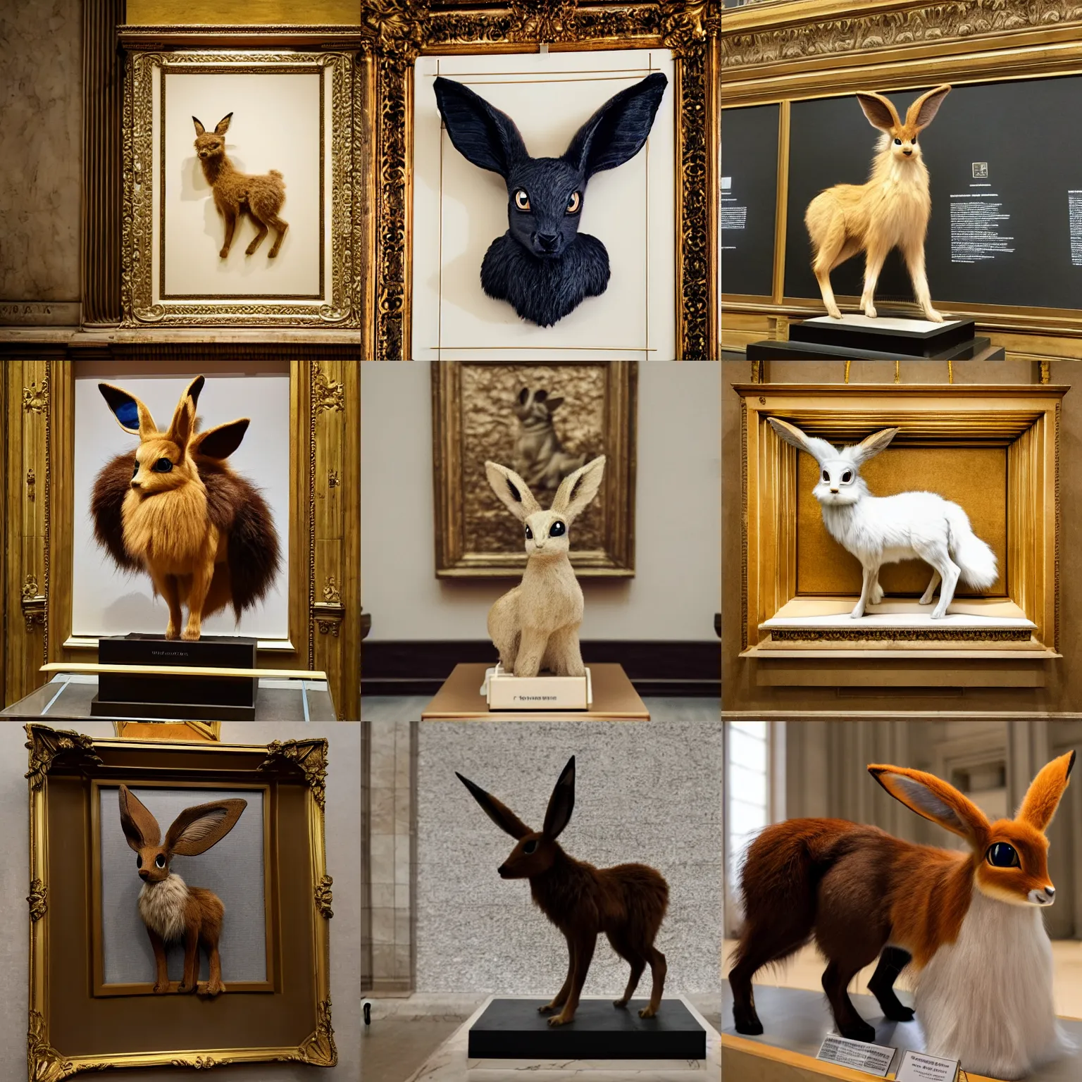 Prompt: photograph of taxidermy eevee on display at the louvre museum