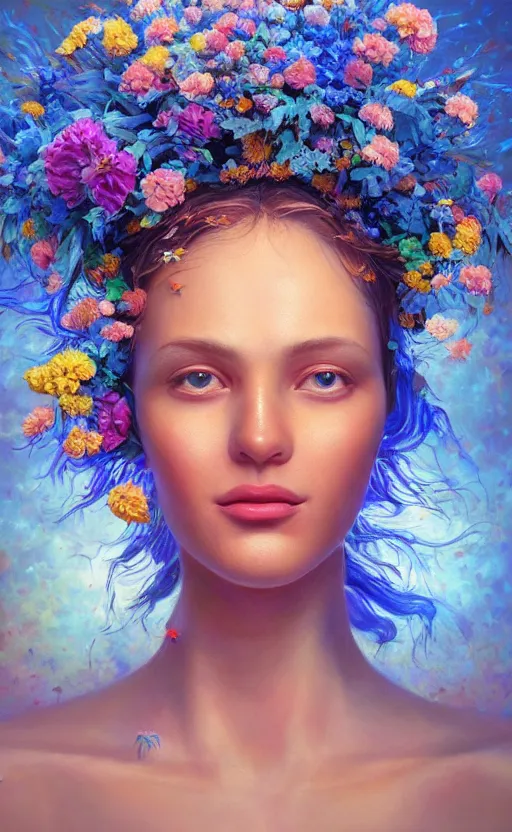 Prompt: a beautiful oil painting hyperrealism of a beautiful woman, close up face, flowers, floral headdress, 8 k resolution, octane render, trending on artstation, by gediminas pranckevicius, volumetric light 2 blue fractal thunder glow by dan mumford, anaglyph effect, laurie lipton