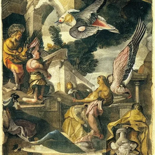 Prompt: pigeon, city, ancient land, illustration, scroll painting, mural, angelic, by annibale carracci