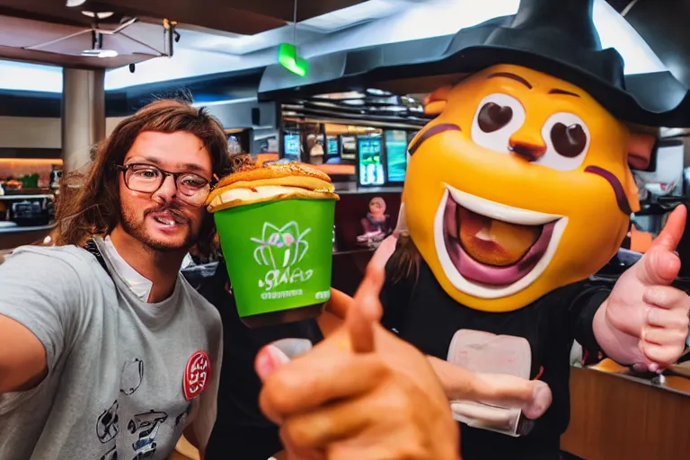 Image similar to I took a selfie with the corporate mascot of fast food chain sativa weed indica burger, selfie photography, 55mm