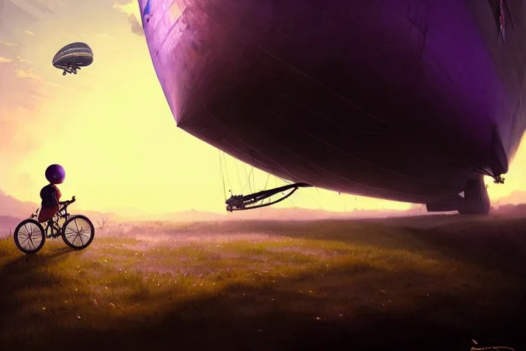 Image similar to kid rides a bicycle waving good bye to the airship at sunset, in the style of greg rutkowski, intricate and epic composition, purple by caravaggio, insanely quality, highly detailed, masterpiece, purple light, artstation, 4 k