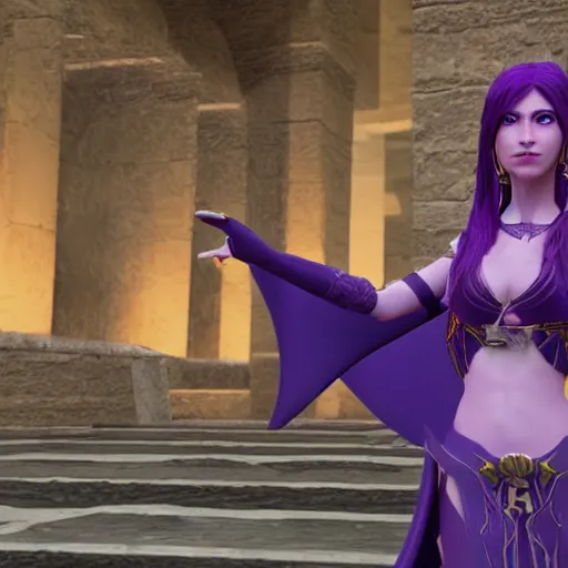 Prompt: high quality unreal engine render of a Dungeons and Dragons character, half-elf sorceress, she has purple hair, 30 years old, a fire spell forms in her hands, ancient Persian city in the background