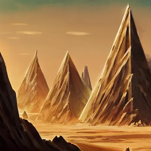 Prompt: Tall black Spire Military base with Laser Turrets shooting, Large Rocks, Sand Storm, Obelisk, Sand Dunes, Desert Planet, War, Star Wars, Warhammer 40k, Retro Futurism, Art Deco, Simon Stålenhag