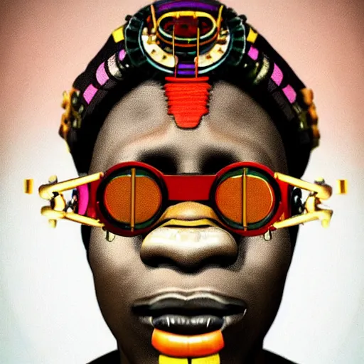 Image similar to colourful vfx upper half - portrait - art of a nigerian tribal chief wearing steam punk goggles, art by utagawa kunisada & james jean, symmetrical, intricate detail, concept art, volumetric light, ray tracing, caricature, digital illustration, octane 3 d render, unreal engine, sharp, 8 k post process, pinterest, behance, art station,