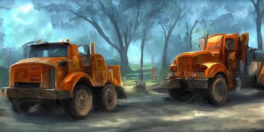 Prompt: a dump truck at a park, artstation + hd + 4 k + 8 k + high detail + digital painting