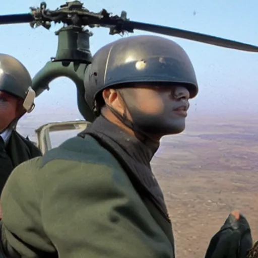 Image similar to harry potter shooting bazuka from helicopter. helmet.