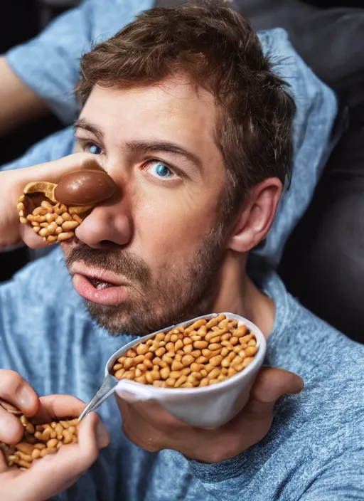 Image similar to award winning photograph of a man at a movie theater eating beans, 4 k, uhd, highly detailed, realistic, close up