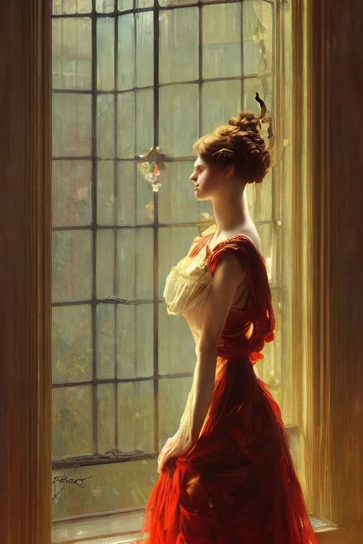 Prompt: an intricate artistic pose painting of a beautiful young victorian lady looking through a window with an artistic pose wearing a beautiful velvet dress, hyper detailed, octane render, vivid colors, artstation, by jeremy mann, alphonse mucha, by boris vallejo