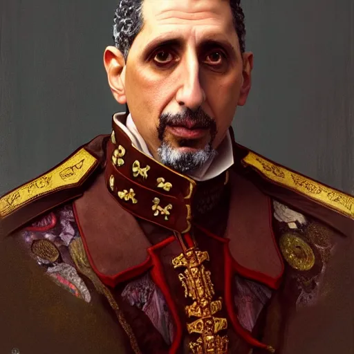 Image similar to full portrait of john turturro as colonel wednesday bologna, fantasy, d & d, intricate, detailed, by by alphonse mucha, adolfo hohenstein, alice russell glenny, stanley artgerm lau, greg rutkowski, detailed, trending on artstation, trending on artstation, smooth