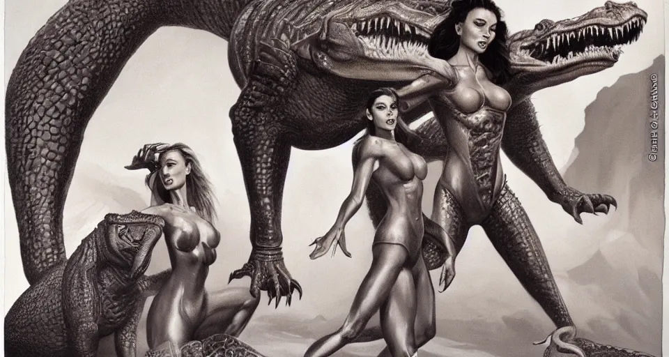 Prompt: A beautiful fit woman standing next to a large alien lion-like crocodile creature, by Boris Vallejo.