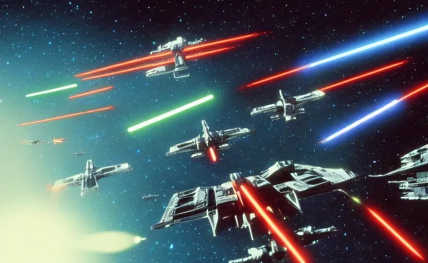 Image similar to iconic cinematic screen shot of fleet of x wing star fighters from the 1 9 8 0 s star wars sci fi film by stanley kubrick, optical glowing lasers, volumetric light, full of detail, 4 k uhd, kodak film stock, anamorphic lenses 2 4 mm, lens flare, iconic cinematography, award winning