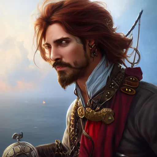 Prompt: 3 / 4 headshot of male airship pirate, d & d, handsome, fantasy, intricate, long hair, airship, steampunk, red hair, elegant, highly detailed, digital painting, artstation, concept art, smooth, sharp focus, illustration, art by artgerm and greg rutkowski and alphonse mucha