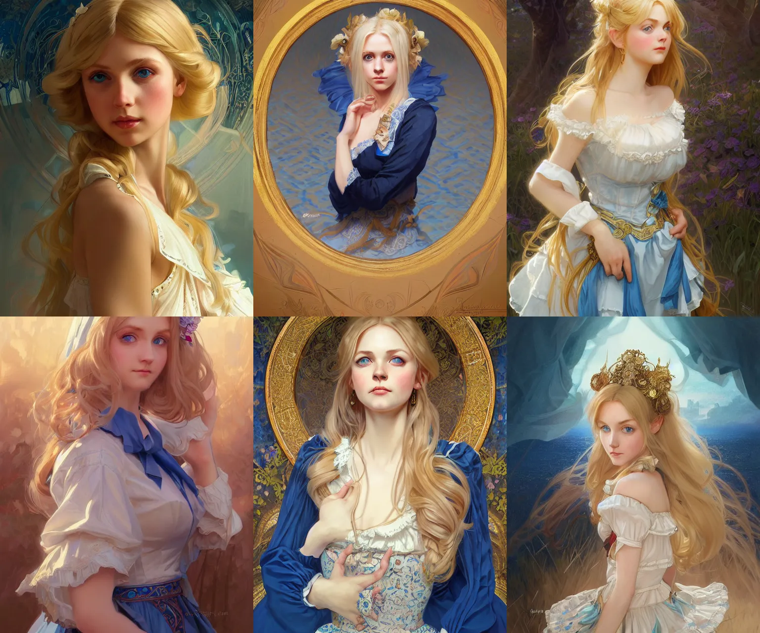 Prompt: portrait of a beautiful cute blonde girl with big blue eyes wearing a lolita dress, fantasy, intricate, elegant, highly detailed, digital painting, artstation, concept art, smooth, sharp focus, illustration, art by artgerm and greg rutkowski and alphonse mucha