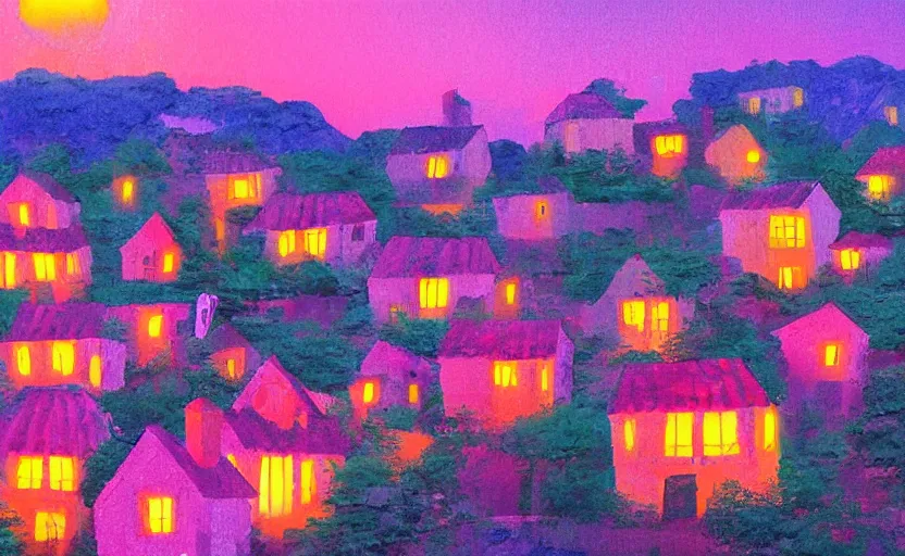 Prompt: village, houses with faces, sunset atmosphere, pink, low contrast, naive, detailed, photorealistic imagery