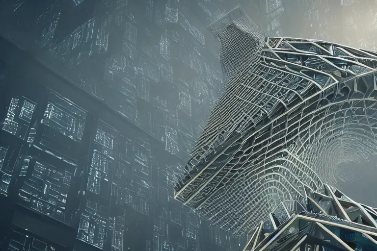 Prompt: a complex organic fractal 3 d ceramic metallic megastructure skyscraper, cinematic shot, photo still from movie by denis villeneuve