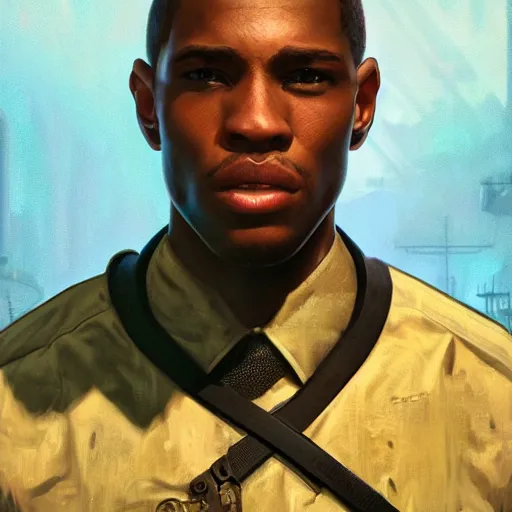 Prompt: Half portrait of a black man with buzzcut as a engineer character in Fallout 4 visiting Diamond City, gorgeous, beautiful, intricate, highly detailed, digital painting, artstation, oppressive lighting, concept art, sharp focus, illustration, art by greg rutkowski and alphonse mucha