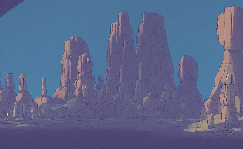 Image similar to a cell - shaded studio ghibli concept art from paprika ( 2 0 0 6 ) of a spaceship from close encounters of the third kind ( 1 9 7 7 ) sitting on top of a lush temple that looks like monument valley stonehenge jungle. a caravan is in the foreground. very dull colors, portal, hd, 4 k, hq